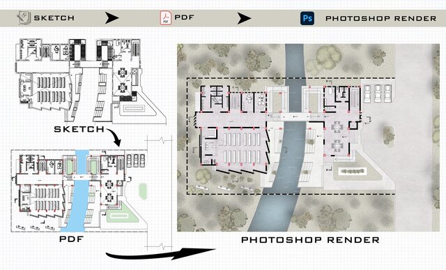 I design Photoshop renders for high-quality architectural plans, elevations & sections
